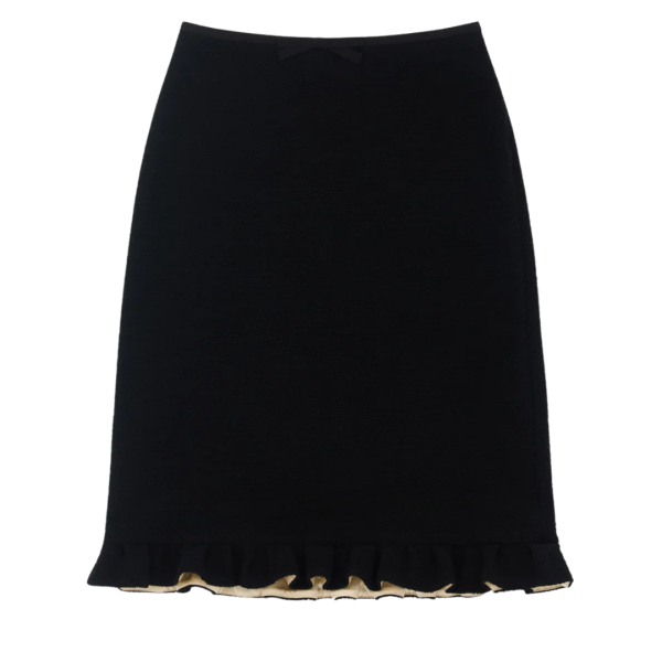 Jupe mi-longue VALENTINO laine texturé noir ourlet volanté écru