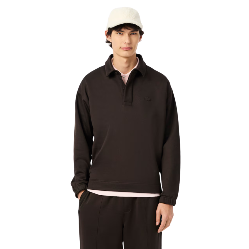 Sweat-shirt LACOSTE molletonné ample col polo nylon coton marron chocolat