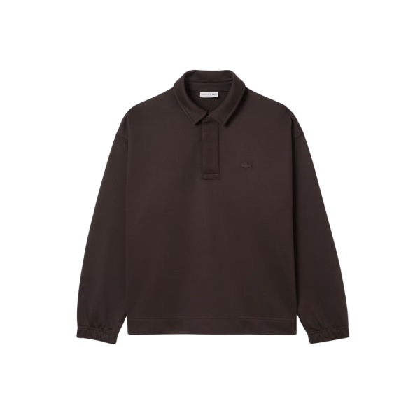 Sweat-shirt LACOSTE molletonné ample col polo nylon coton marron chocolat