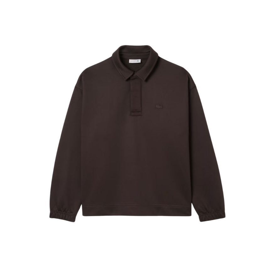 Sweat-shirt LACOSTE molletonné ample col polo nylon coton marron chocolat