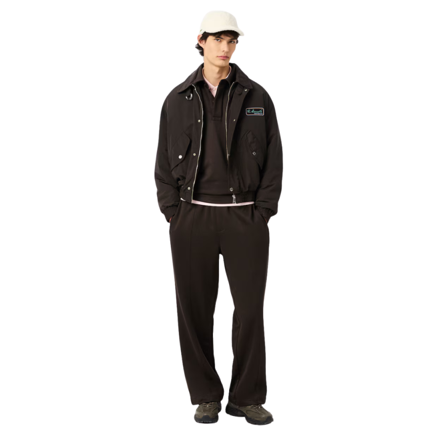 Sweat-shirt LACOSTE molletonné ample col polo nylon coton marron chocolat