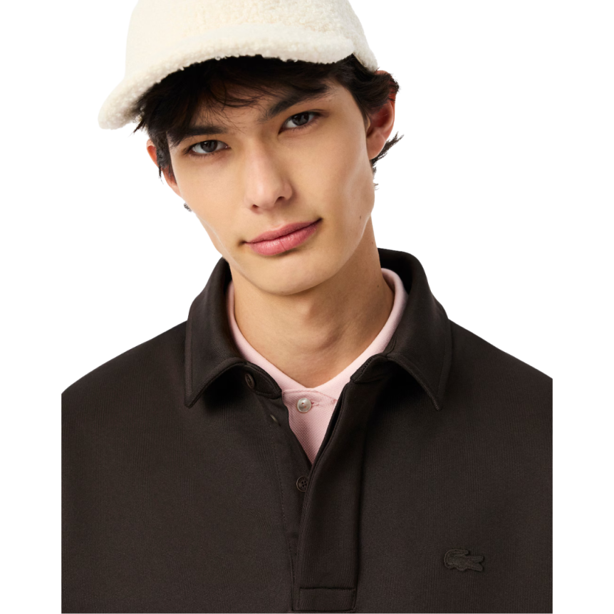Sweat-shirt LACOSTE molletonné ample col polo nylon coton marron chocolat