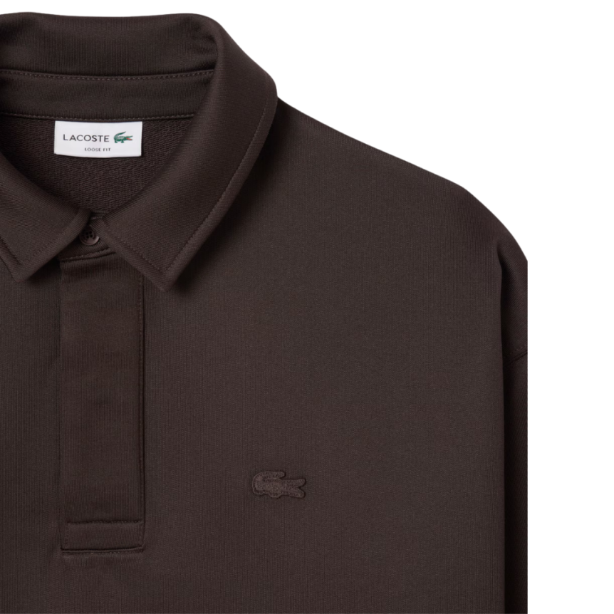 Sweat-shirt LACOSTE molletonné ample col polo nylon coton marron chocolat