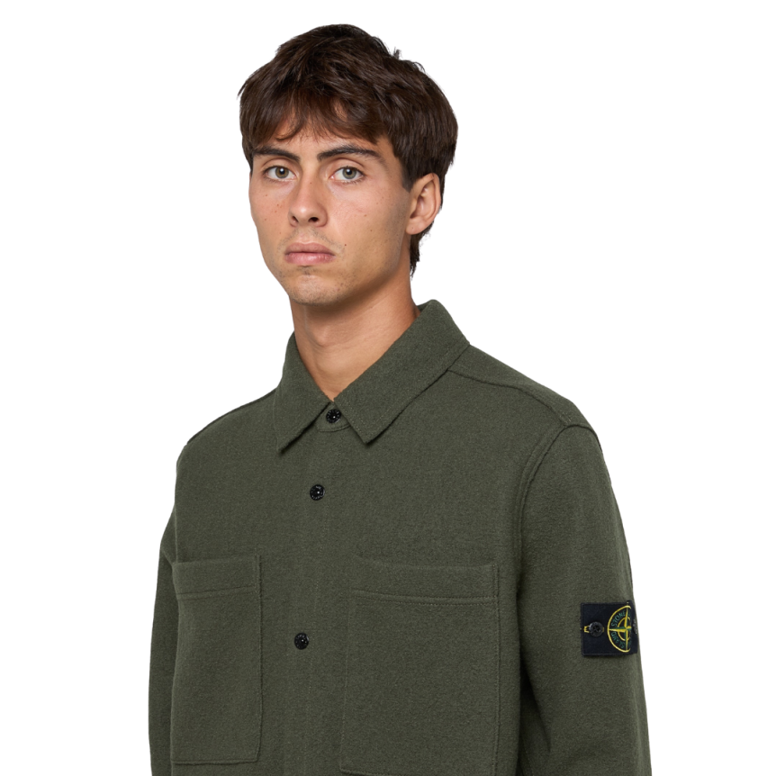 Surchemise bouton pression STONE ISLAND laine feutre kakie poche poitrine
