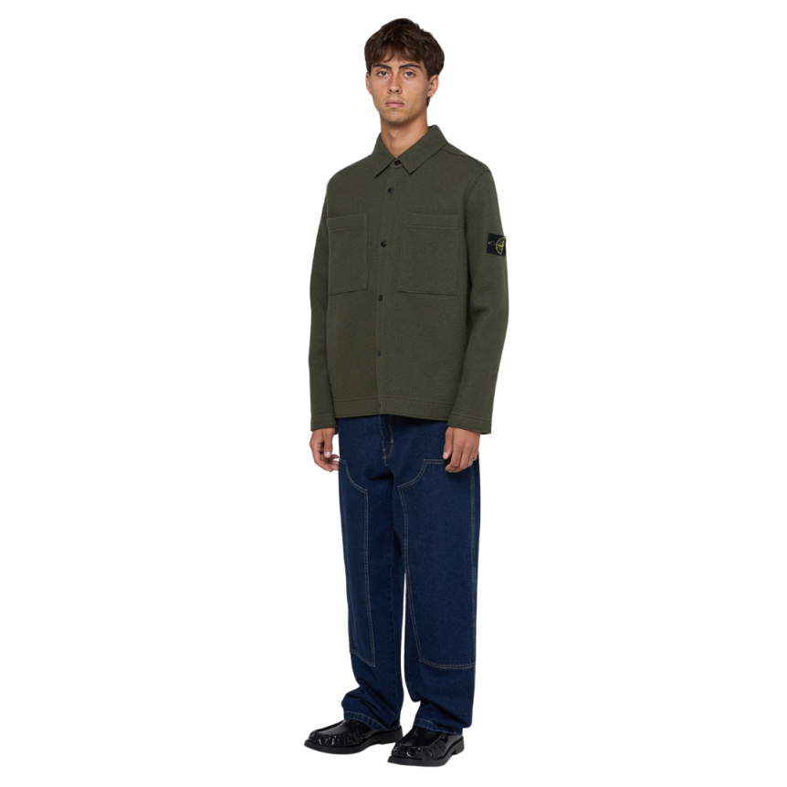 Surchemise bouton pression STONE ISLAND laine feutre kakie poche poitrine