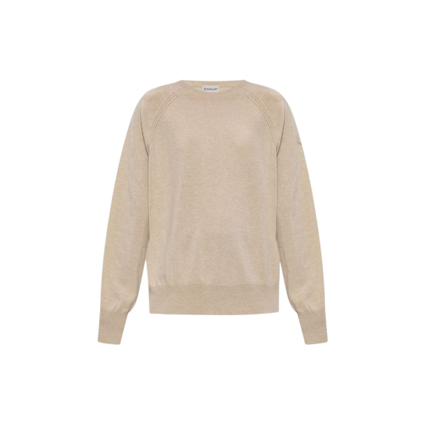 Pull col rond MONCLER cachemire beige manche raglan logo ton sur ton