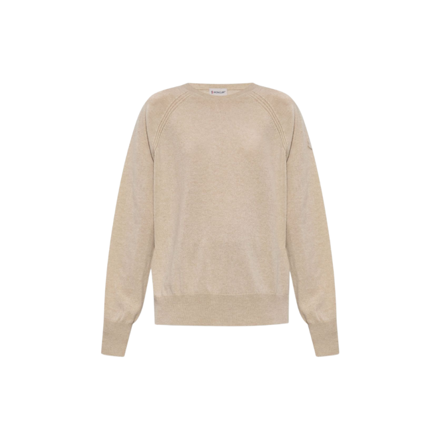 Pull col rond MONCLER cachemire beige manche raglan logo ton sur ton
