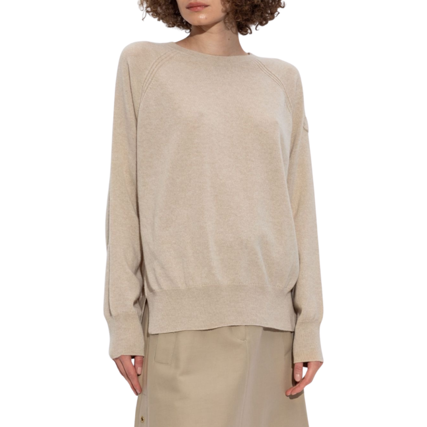 Pull col rond MONCLER cachemire beige manche raglan logo ton sur ton