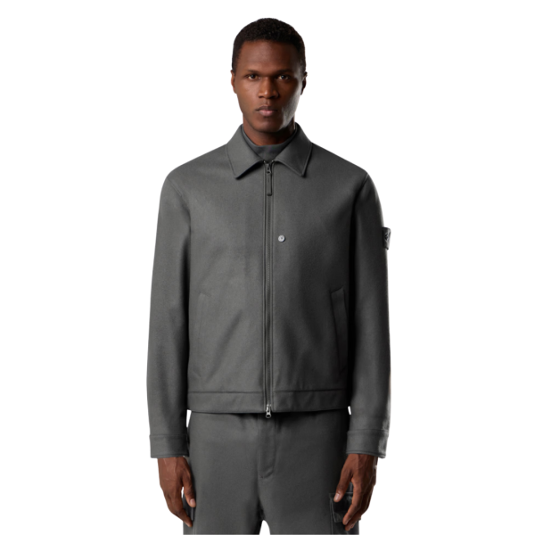 Blouson zippé STONE ISLAND flanelle laine vierge mélangée gris logo ton sur ton