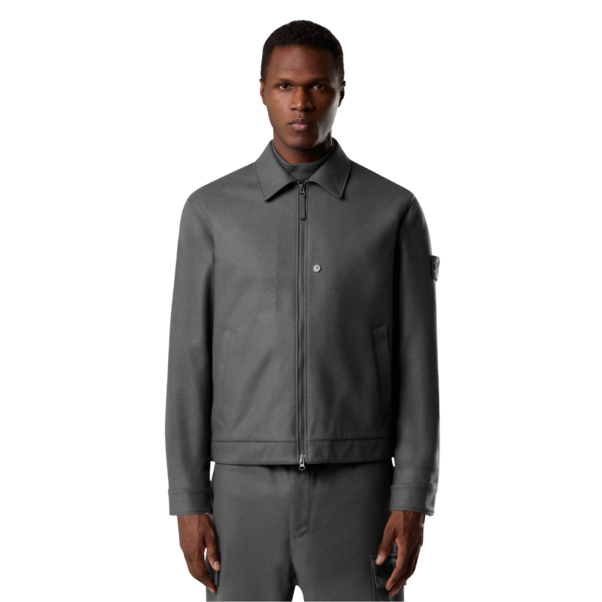 Blouson zippé STONE ISLAND flanelle laine vierge mélangée gris logo ton sur ton