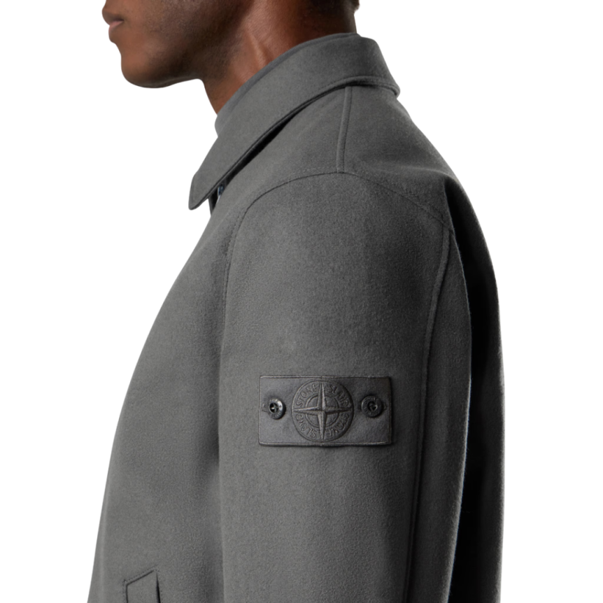 Blouson zippé STONE ISLAND flanelle laine vierge mélangée gris logo ton sur ton