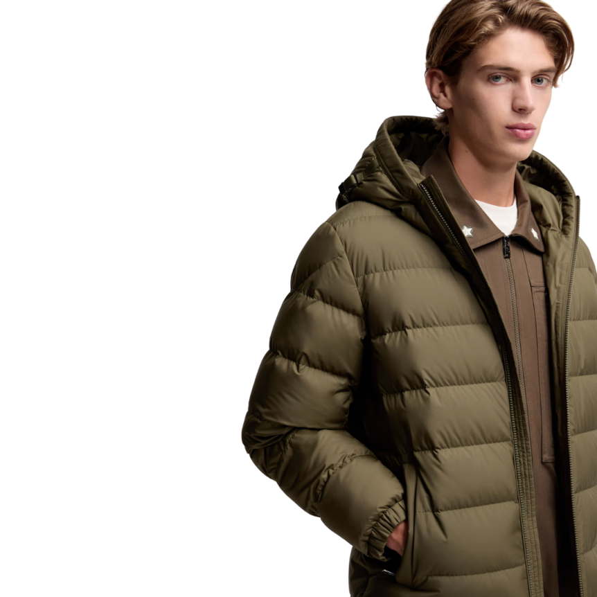 Doudoune courte à capuche MONCLER Laveraet nylon kaki sangles