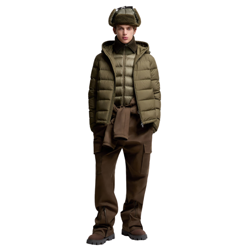 Doudoune courte à capuche MONCLER Laveraet nylon kaki sangles