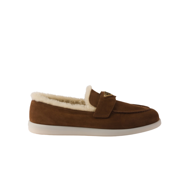 PRADA Mocassins Saint Tropez cuir veau velours marron mouton shearling écru