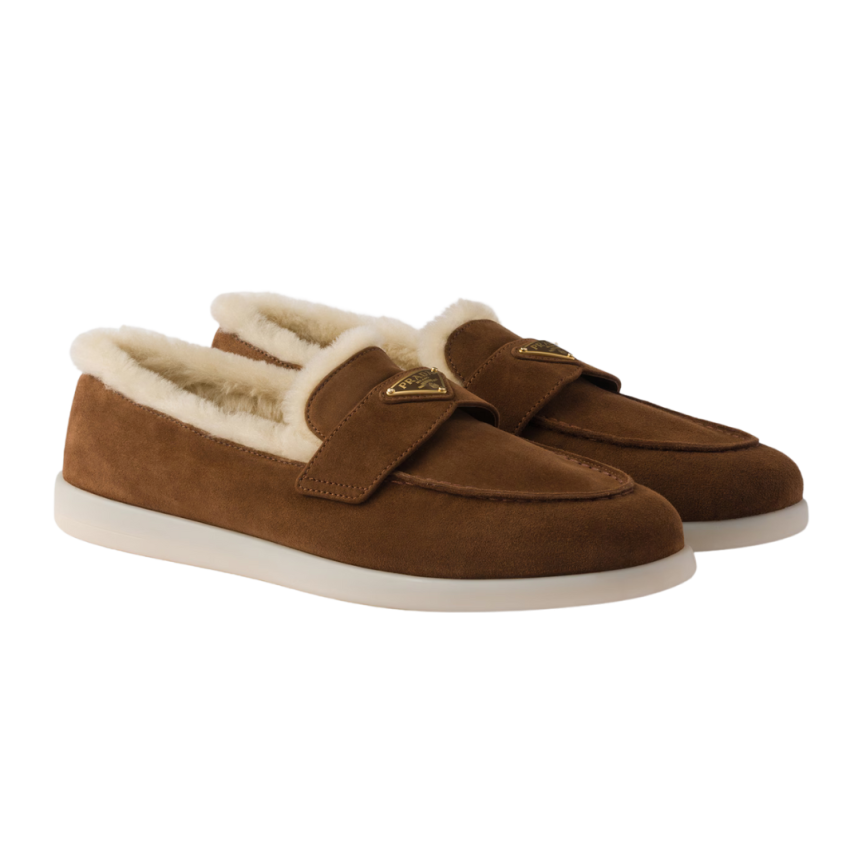 PRADA Mocassins Saint Tropez cuir veau velours marron mouton shearling écru