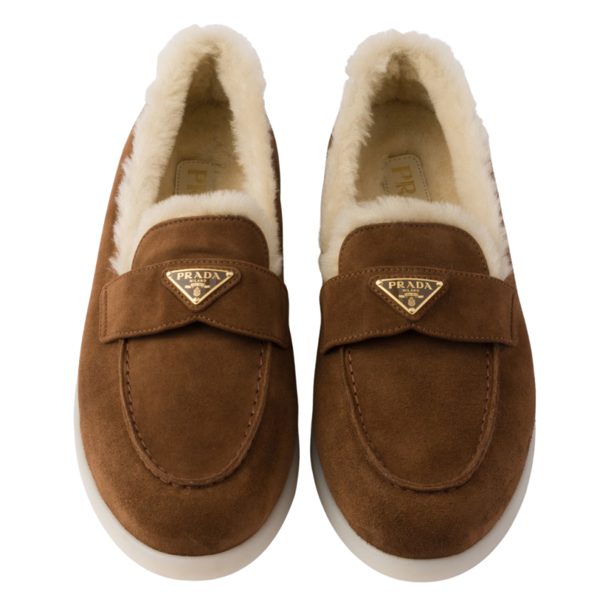 PRADA Mocassins Saint Tropez cuir veau velours marron mouton shearling écru