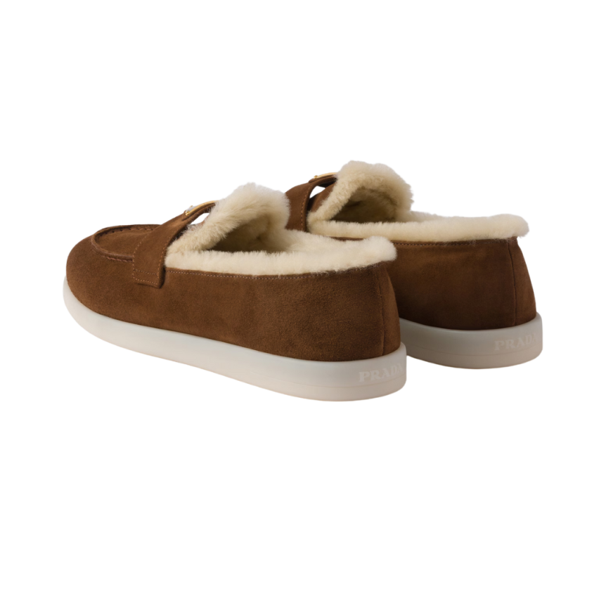 PRADA Mocassins Saint Tropez cuir veau velours marron mouton shearling écru