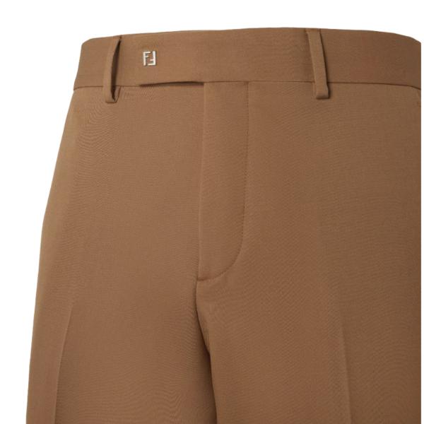 Pantalon cigarette FENDI laine camel micro FF métal ceinture