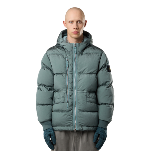 Doudoune à capuche STON ISLAND nylon métal ECONYL® irisé vert poche zippée