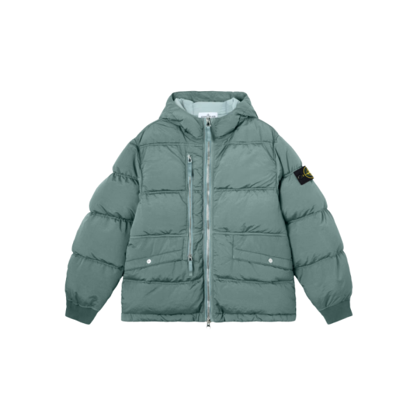 Doudoune à capuche STON ISLAND nylon métal ECONYL® irisé vert poche zippée