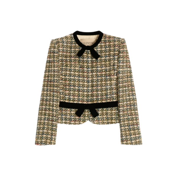 Veste courte VALENTINO col rond tweed multicolore vert doré nœud velours noir