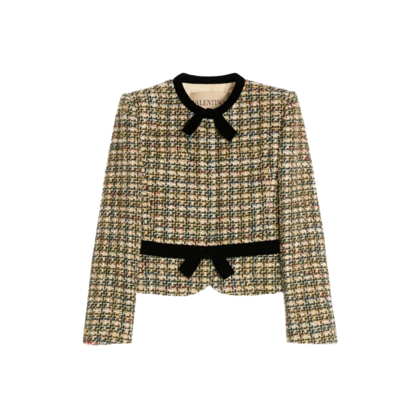 Veste courte VALENTINO col rond tweed multicolore vert doré nœud velours noir