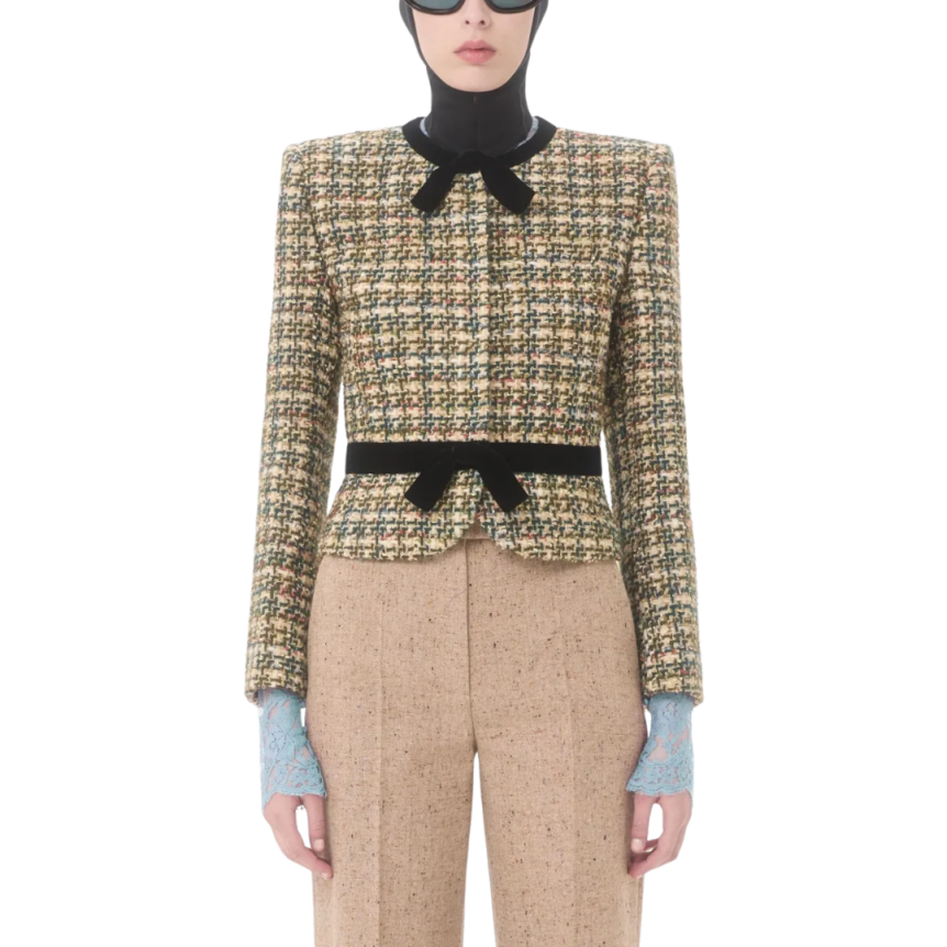 Veste courte VALENTINO col rond tweed multicolore vert doré nœud velours noir
