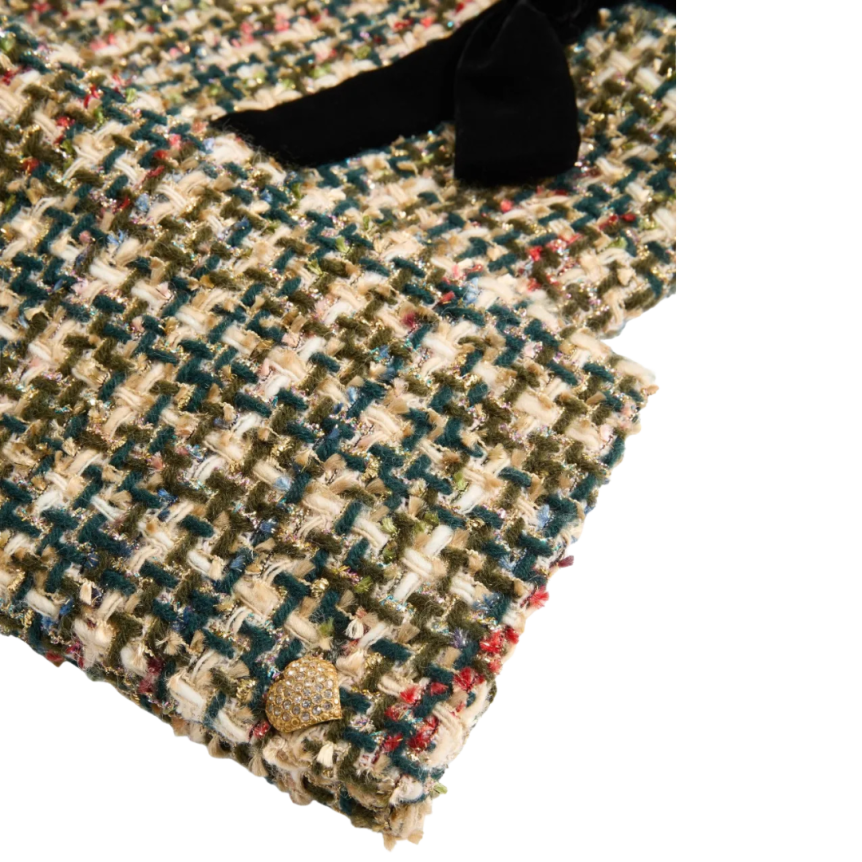Veste courte VALENTINO col rond tweed multicolore vert doré nœud velours noir