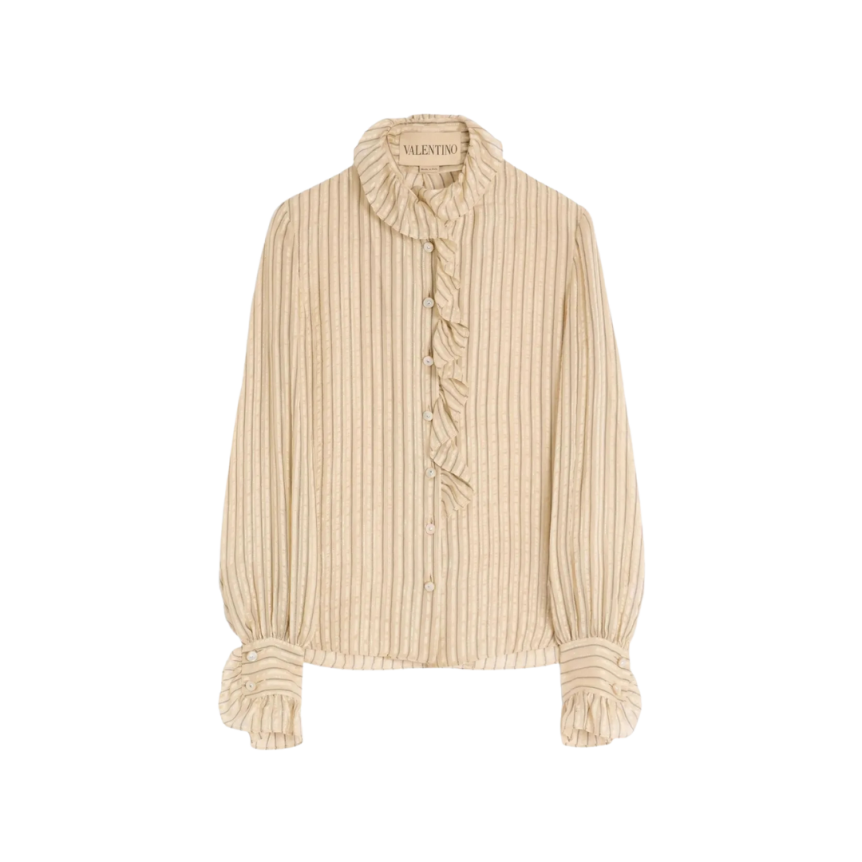 Chemise à jabot VALENTINO soie beige rayures lurex métal