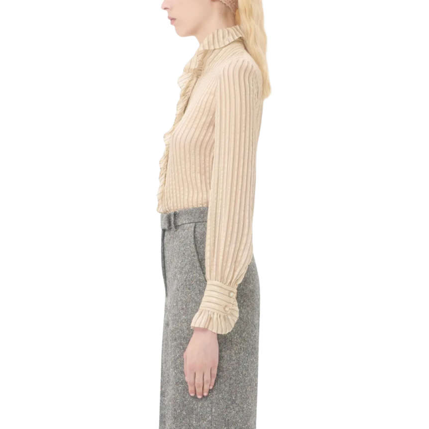 Chemise à jabot VALENTINO soie beige rayures lurex métal