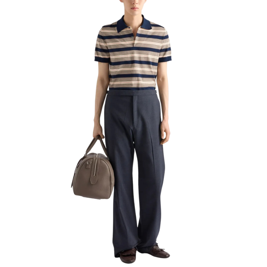 Polo PRADA manche courte coton bleu marine rayures beige marron rouge