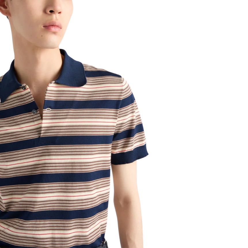 Polo PRADA manche courte coton bleu marine rayures beige marron rouge