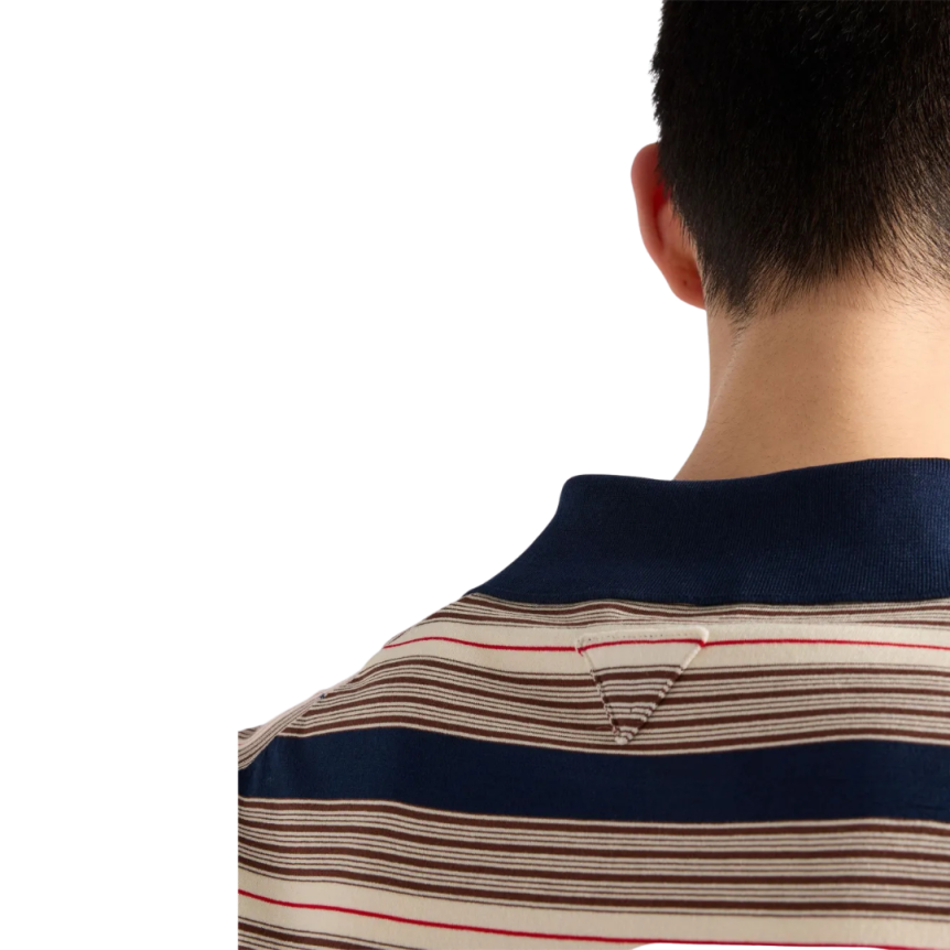 Polo PRADA manche courte coton bleu marine rayures beige marron rouge