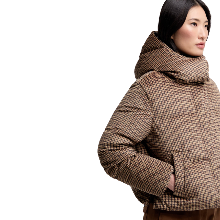 Doudoune courte à capuche MONCLER Quierzy nylon pied de poule marron