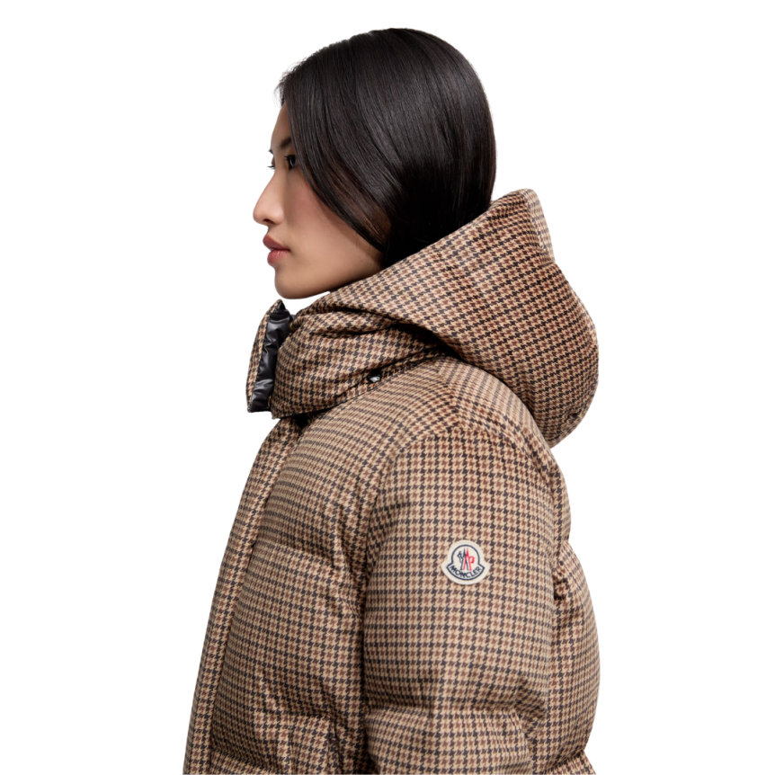 Doudoune courte à capuche MONCLER Quierzy nylon pied de poule marron