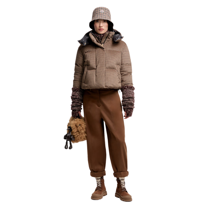 Doudoune courte à capuche MONCLER Quierzy nylon pied de poule marron