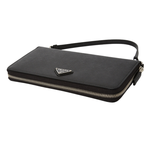 Compagnon Portefeuille PRADA cuir Saffiano noir logo triangle métal