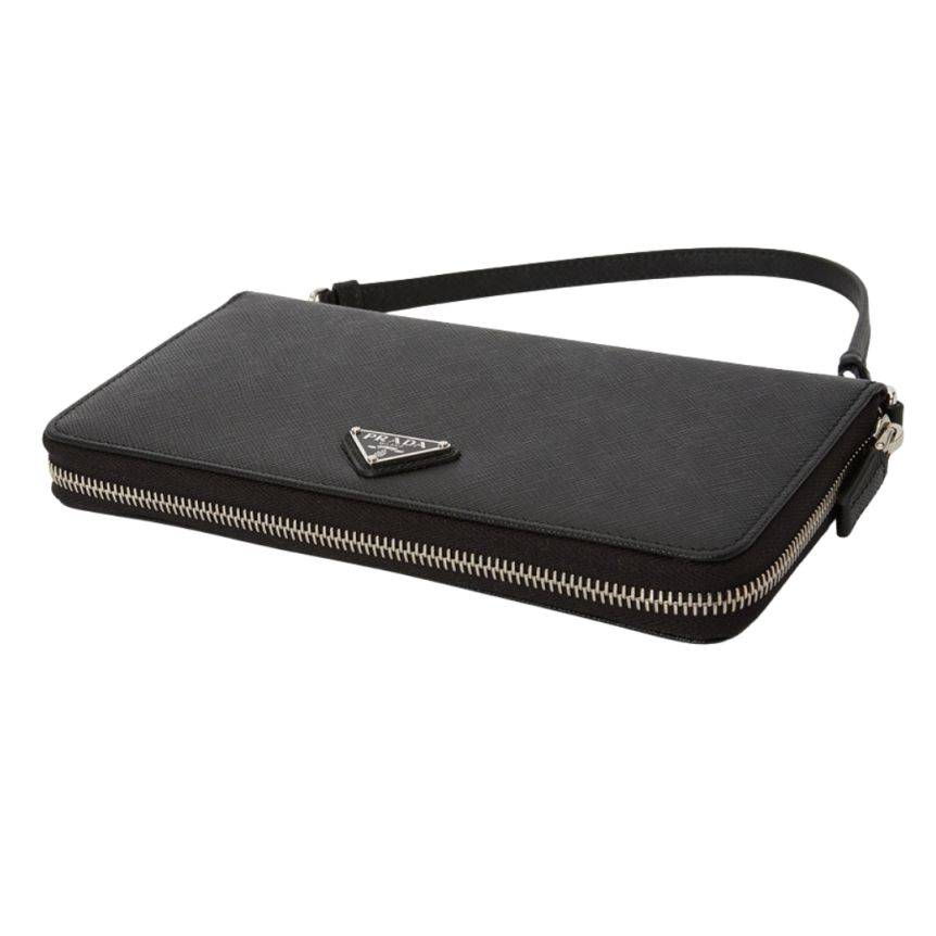 Compagnon Portefeuille PRADA cuir Saffiano noir logo triangle métal
