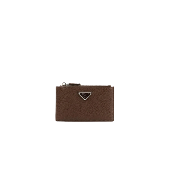 Porte-cartes monnaie zippé PRADA cuir veau grainé marron