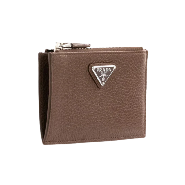 Porte-cartes monnaie zippé PRADA cuir veau grainé marron