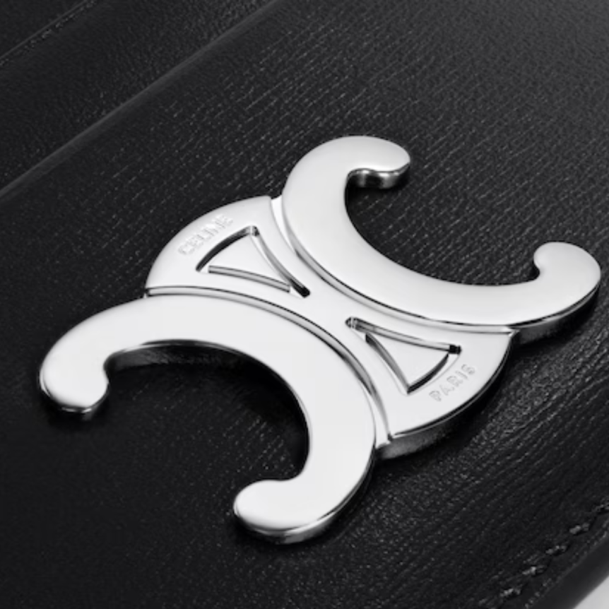 Porte cartes simple CELINE cuir veau noir brillant logo Triomphe métal