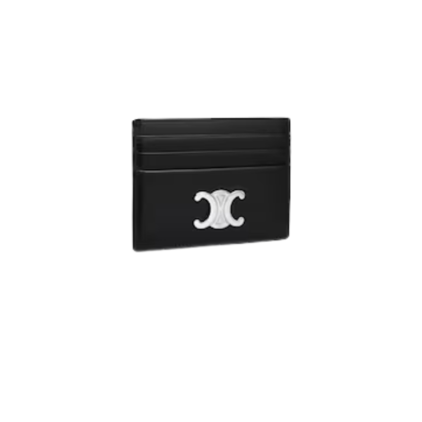 Porte cartes simple CELINE cuir veau noir brillant logo Triomphe métal