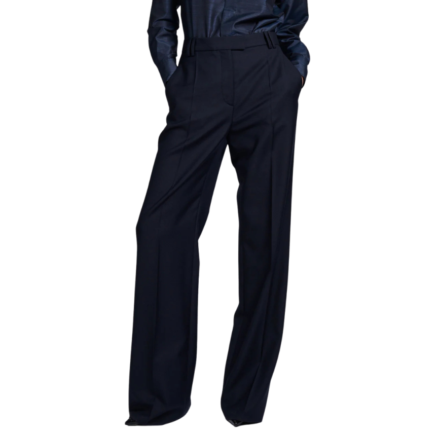 Pantalon BARBARA BUI taille haute jambe large sergé laine cachemire bleu marine