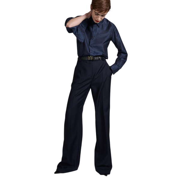 Pantalon BARBARA BUI taille haute jambe large sergé laine cachemire bleu marine