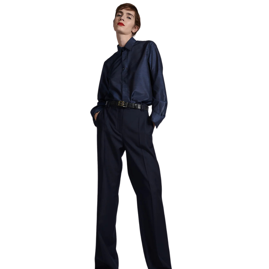 Pantalon BARBARA BUI taille haute jambe large sergé laine cachemire bleu marine