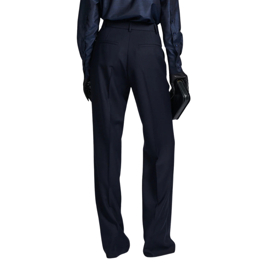 Pantalon BARBARA BUI taille haute jambe large sergé laine cachemire bleu marine