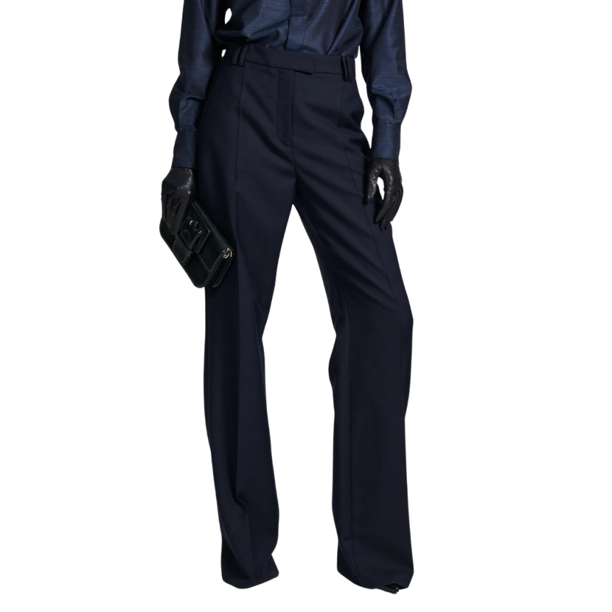 Pantalon BARBARA BUI taille haute jambe large sergé laine cachemire bleu marine