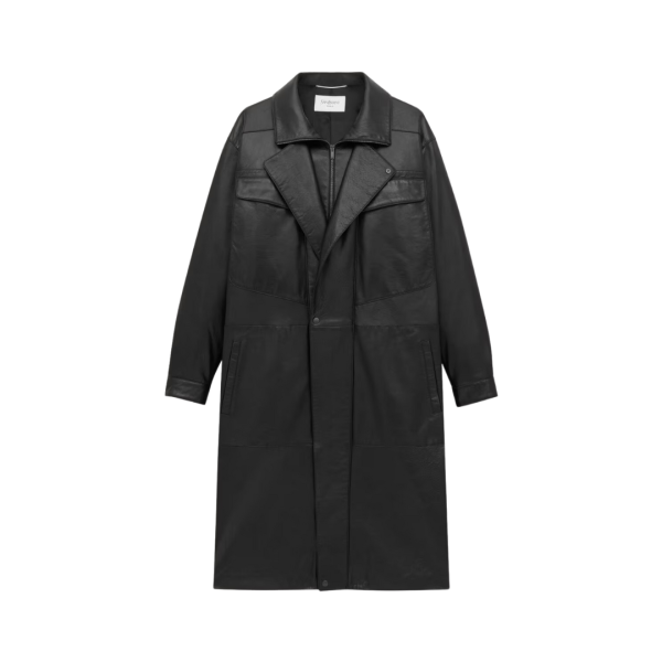 Manteau long SAINT LAURENT col montant cuir agneau noir zip rabat pression