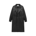 Manteau long col montant cuir agneau noir zip rabat pression