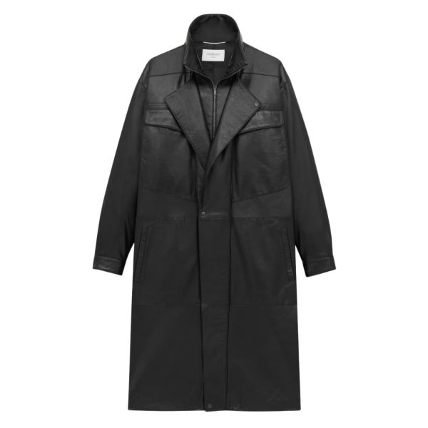 Manteau long SAINT LAURENT col montant cuir agneau noir zip rabat pression